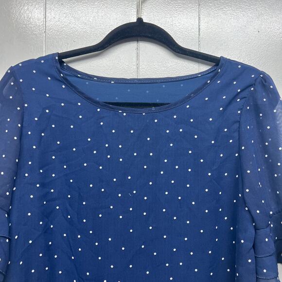 Women's Polka Dot Navy Blue Ruffle Sleeve Women's Top Size Small Lightweight - Picture 2 of 13